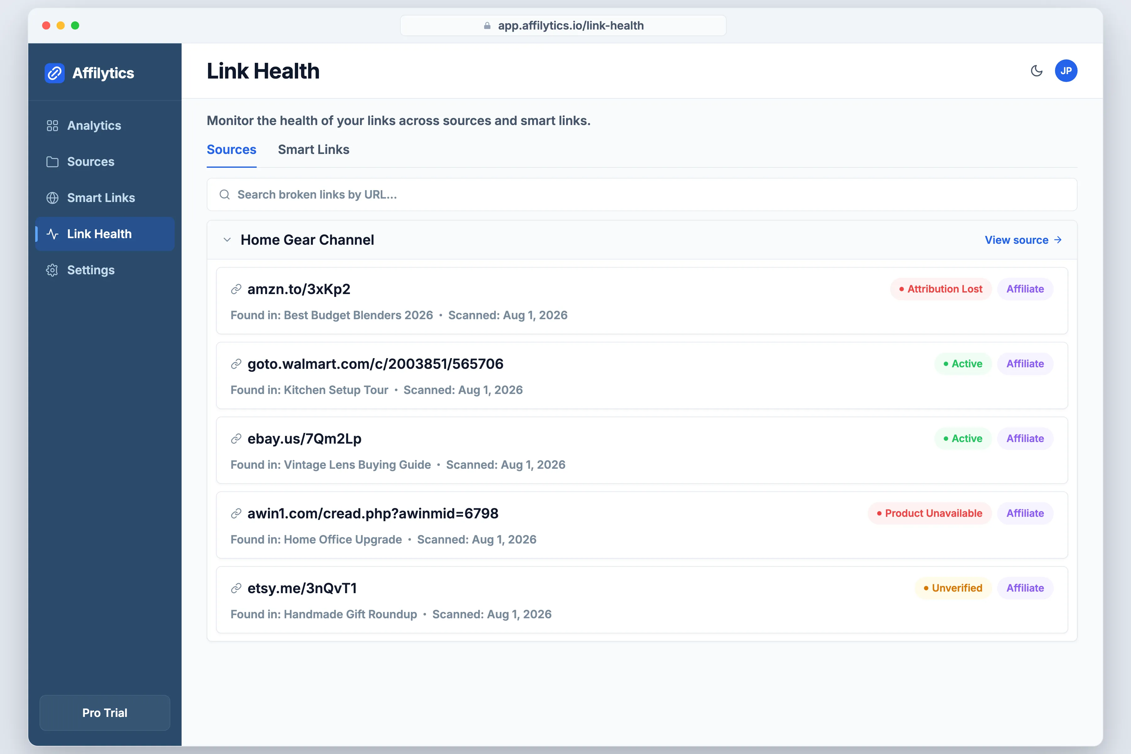 Affilytics link health list with Amazon, Walmart, eBay, Awin and Etsy links and their statuses