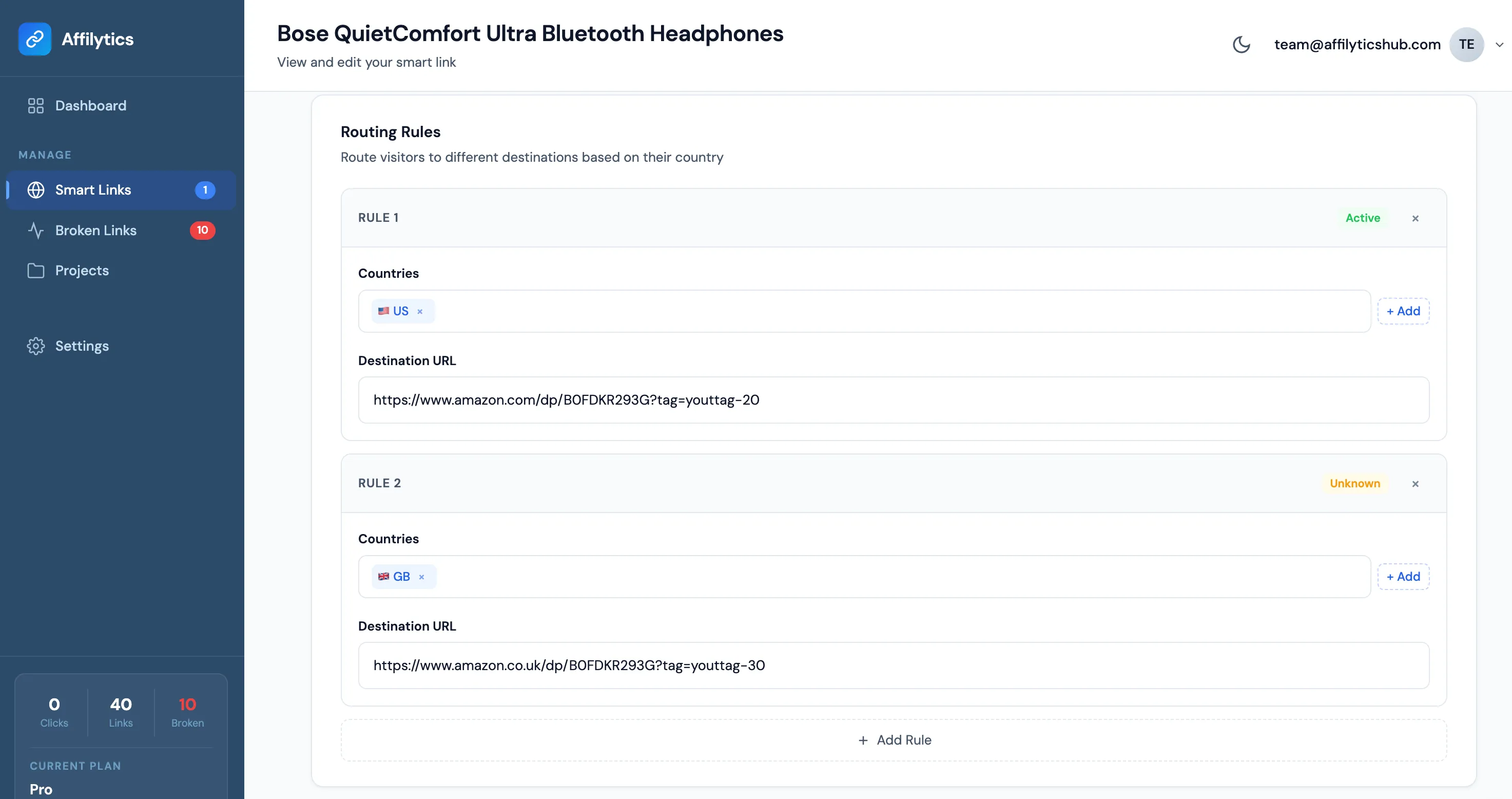 Routing rules section with two rules added.