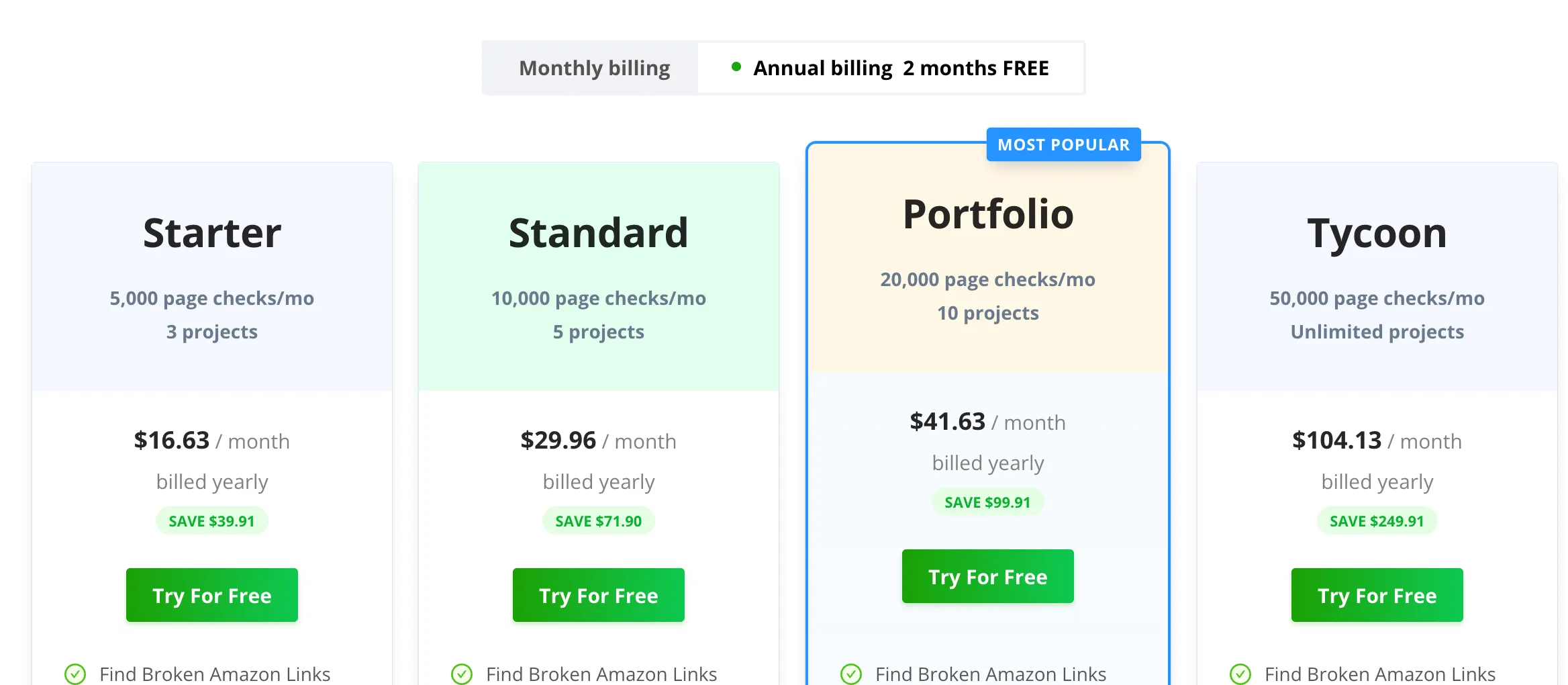 AMZ Watcher's four page-credit pricing tiers showing monthly page checks and project counts per plan.