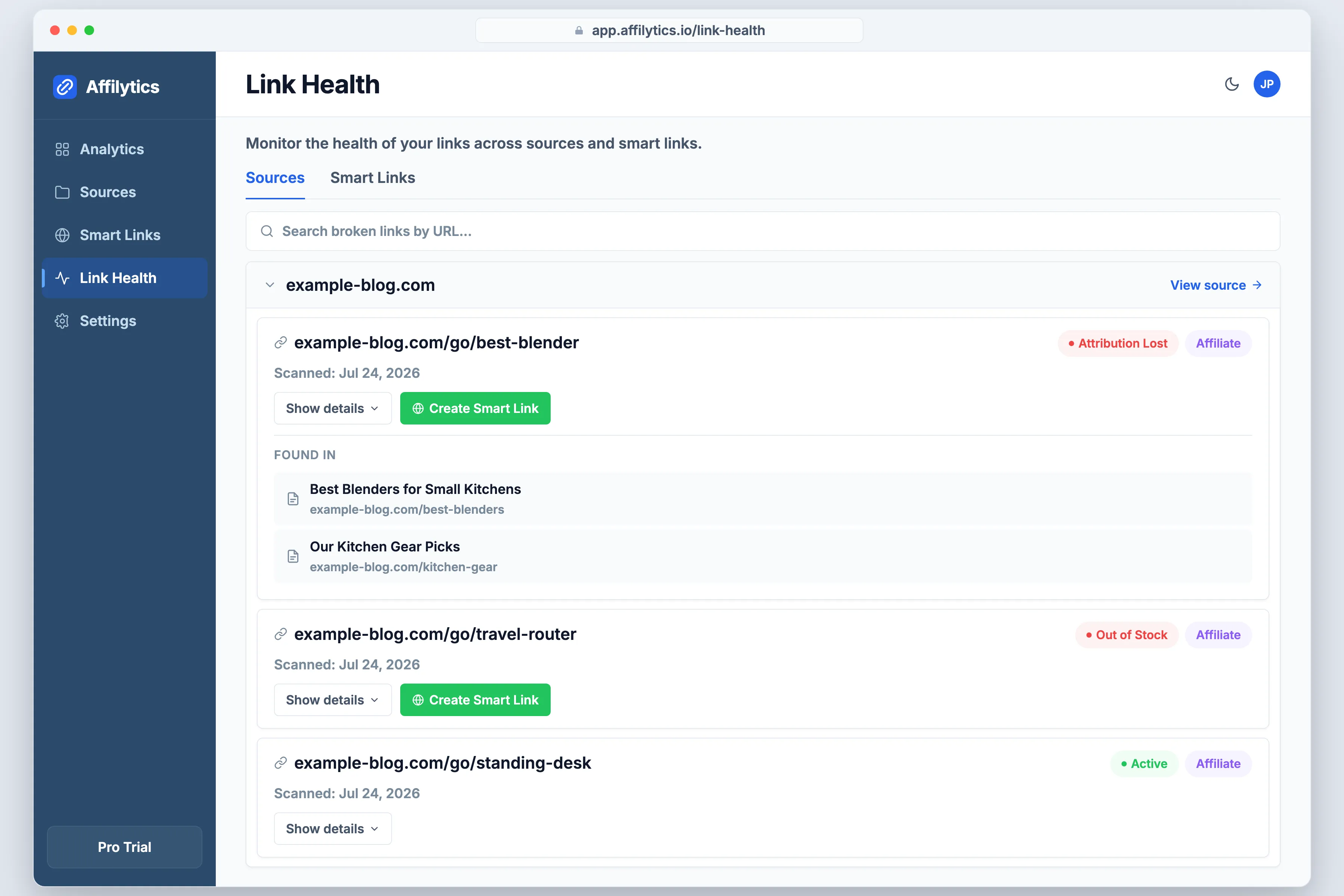 The Affilytics Link Health page listing cloaked /go/ links with attribution lost, out of stock, and active states.