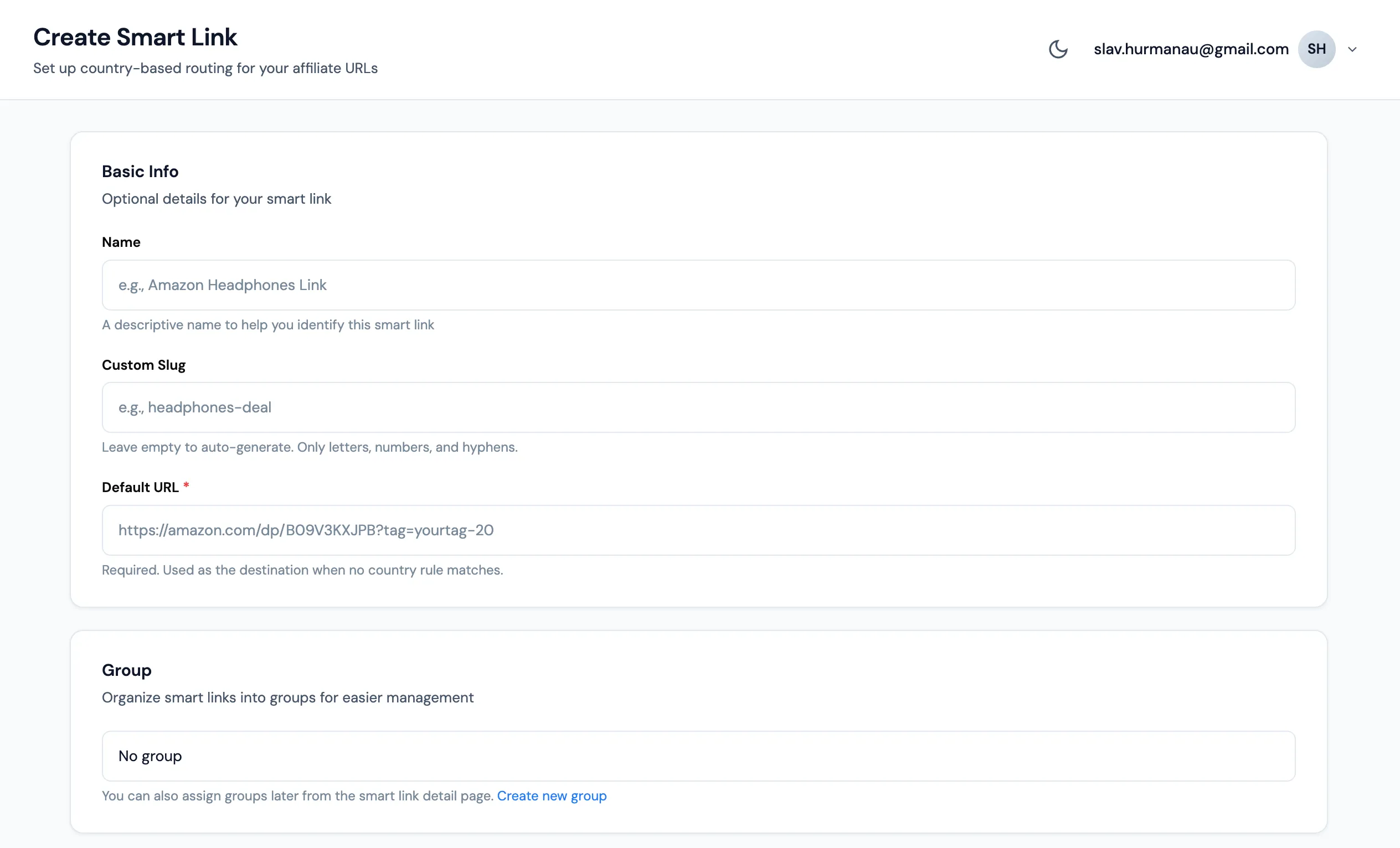 Empty Create Smart Link form in the Affilytics dashboard.