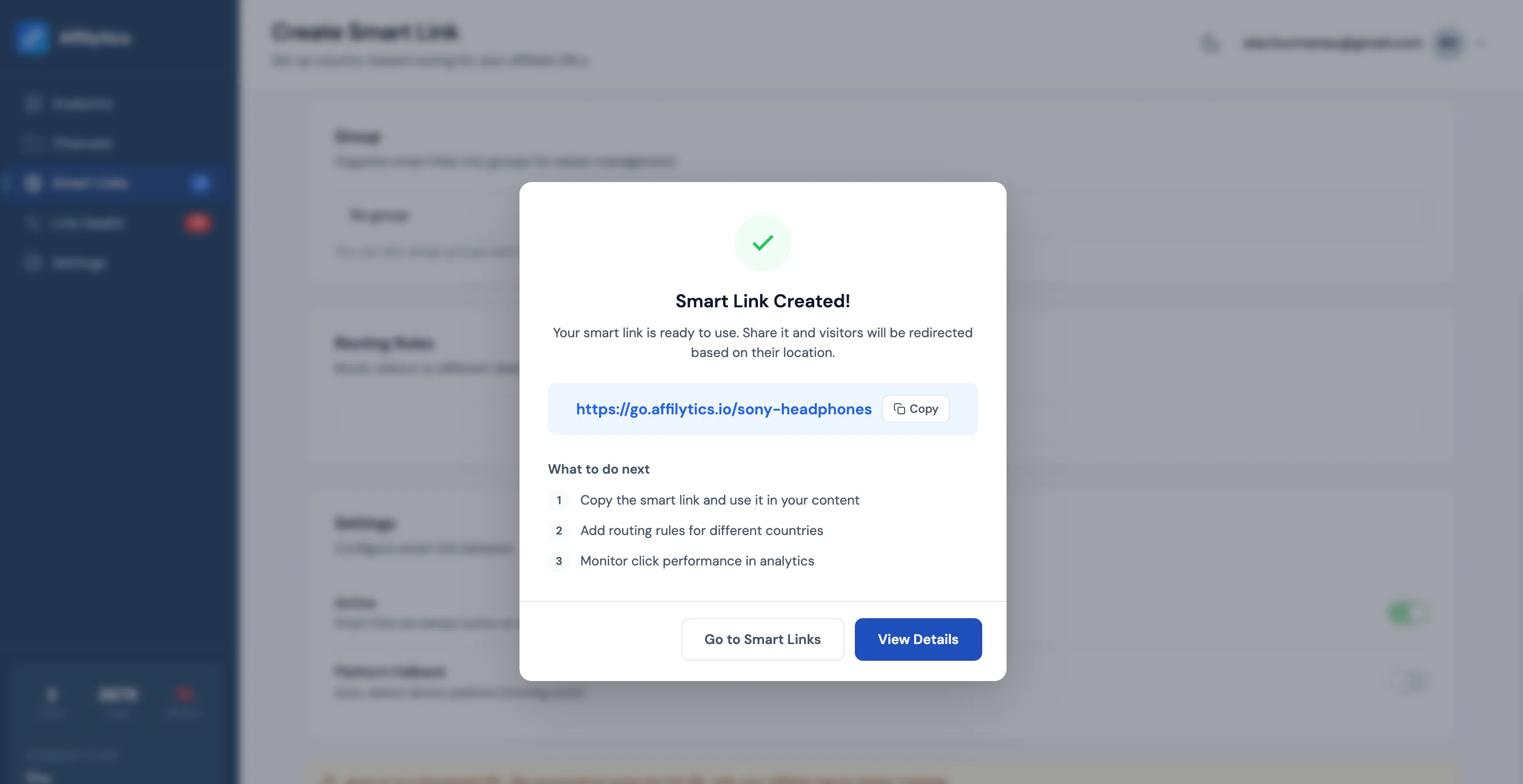 Success modal showing the green checkmark, the short go.affilytics.io URL, a Copy button, and the two follow-up button.