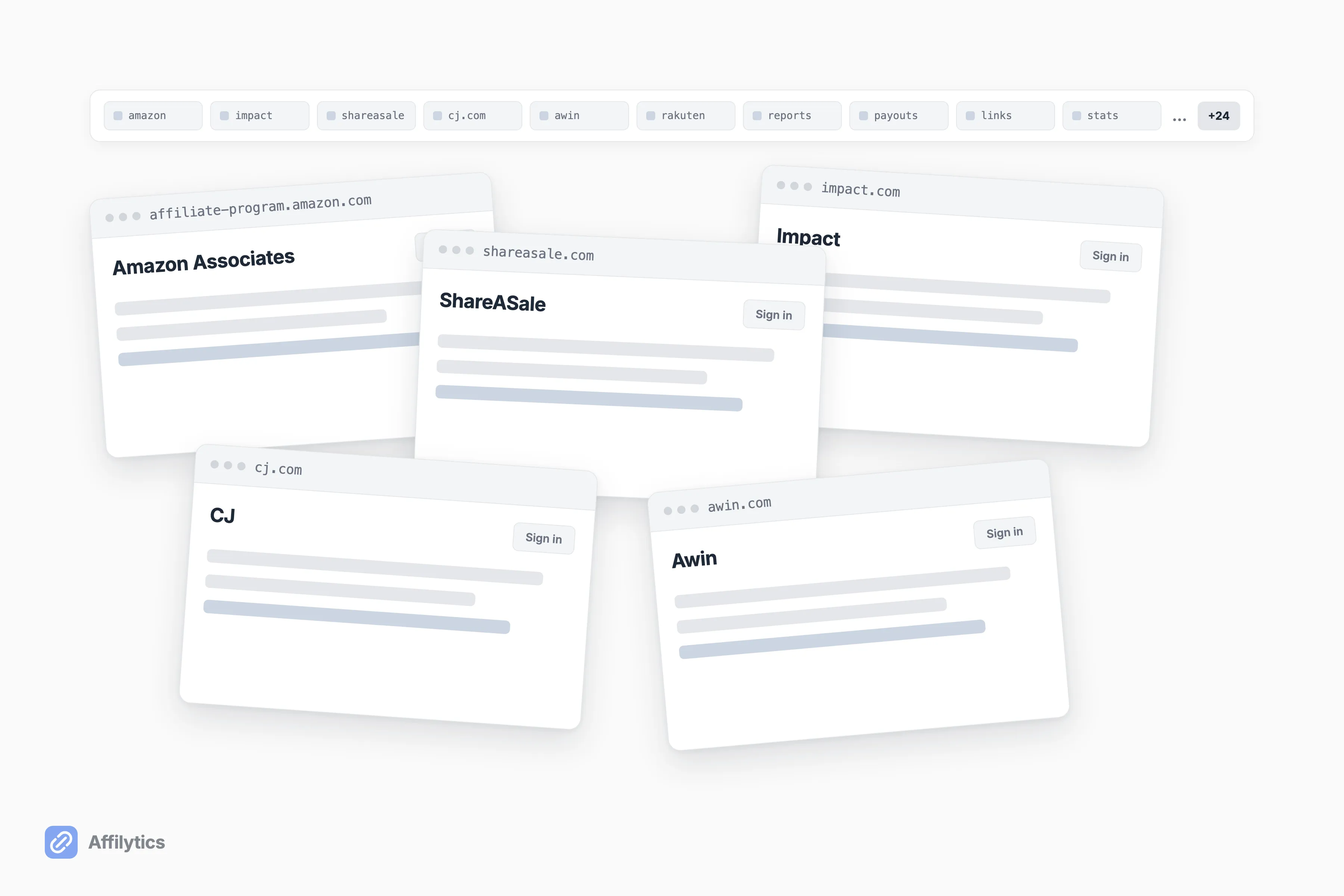 Five separate affiliate-network dashboards overlapping under a row of 30-plus browser tabs, showing login sprawl.