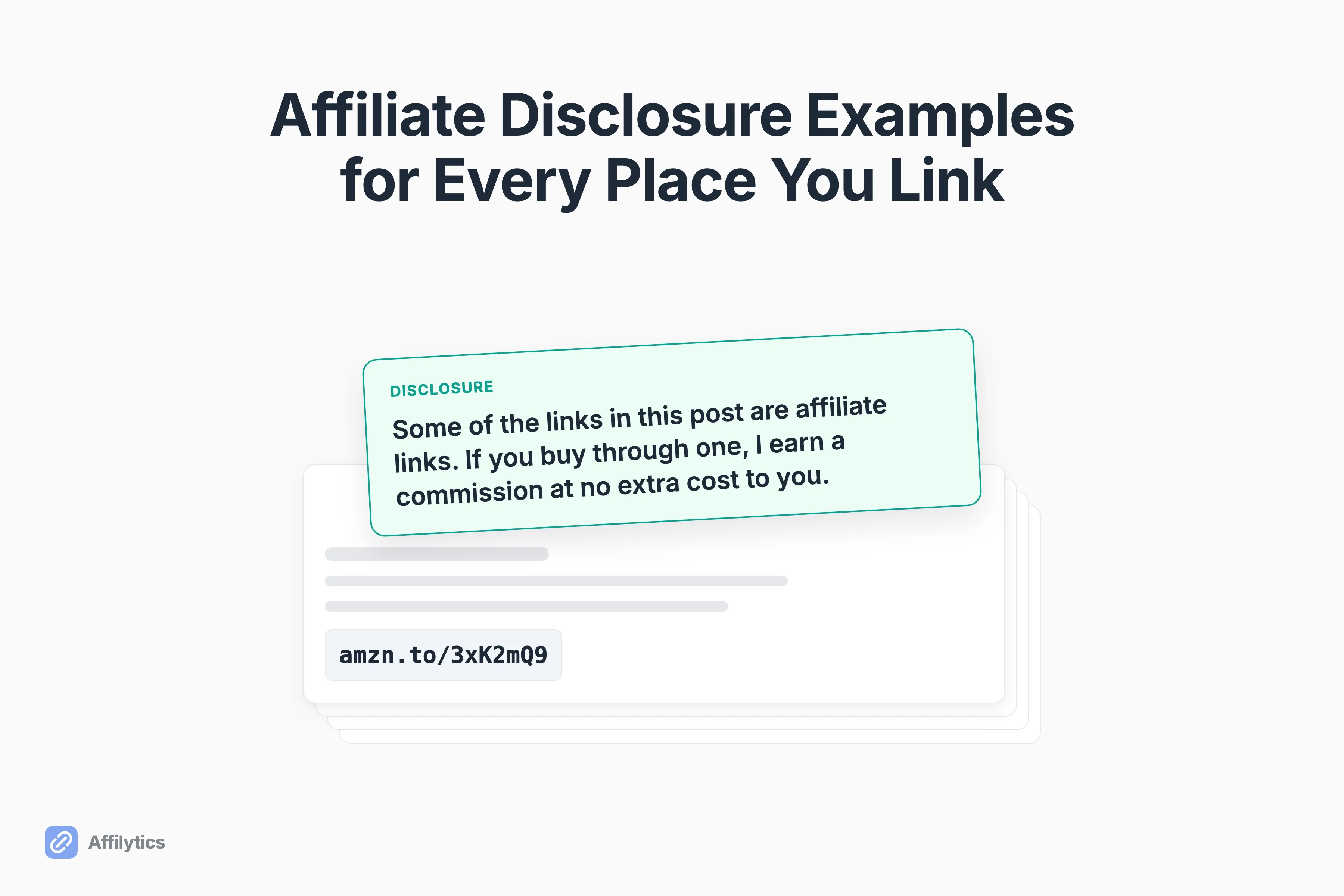 Title card with an oversized affiliate disclosure label resting on the top card of a stack of blank content pages.