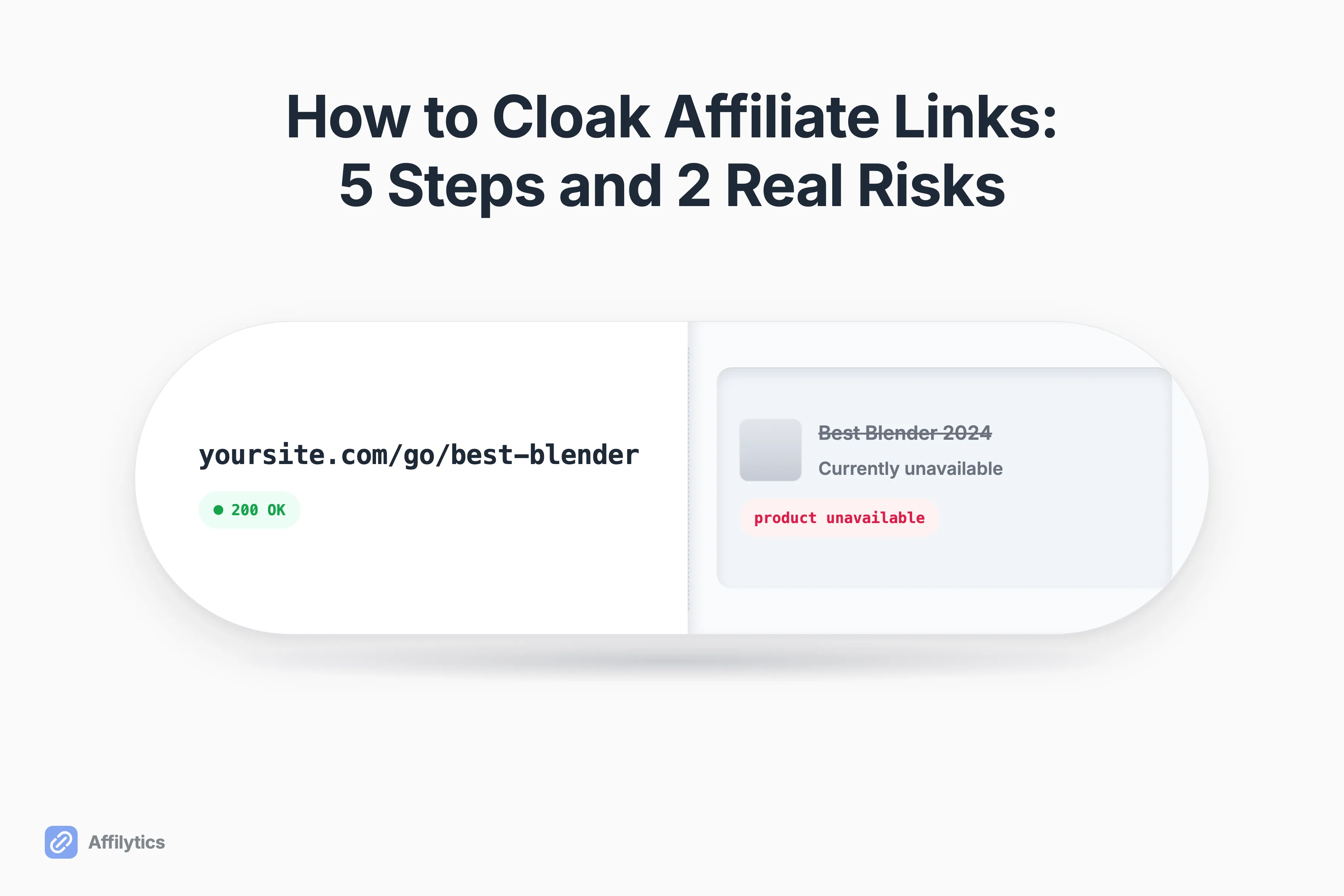 A clean branded /go/ affiliate URL on the outside, opened up to show the dead product page it actually resolves to.