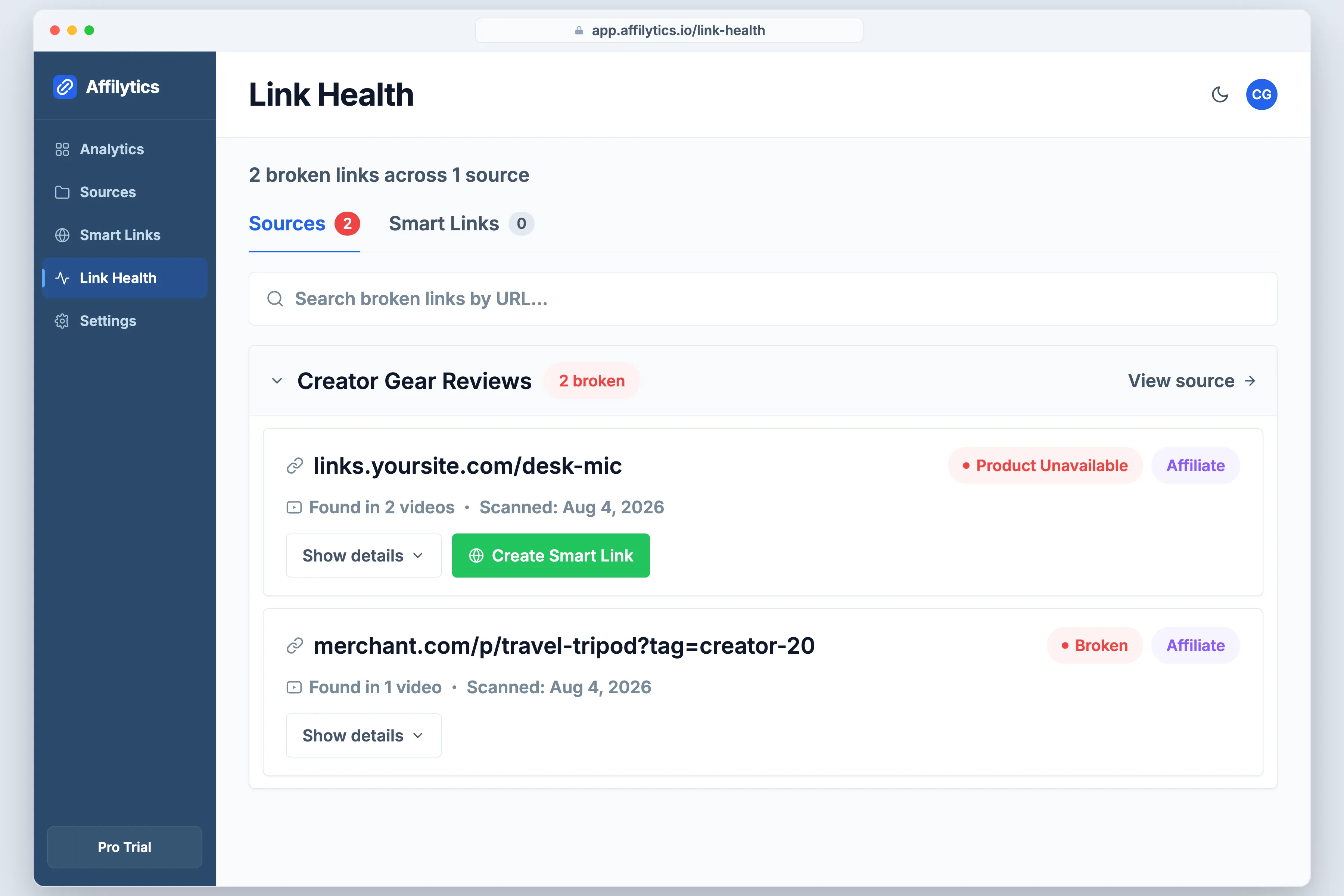 Affilytics Link Health screen flagging a still-working short link whose destination is product unavailable.