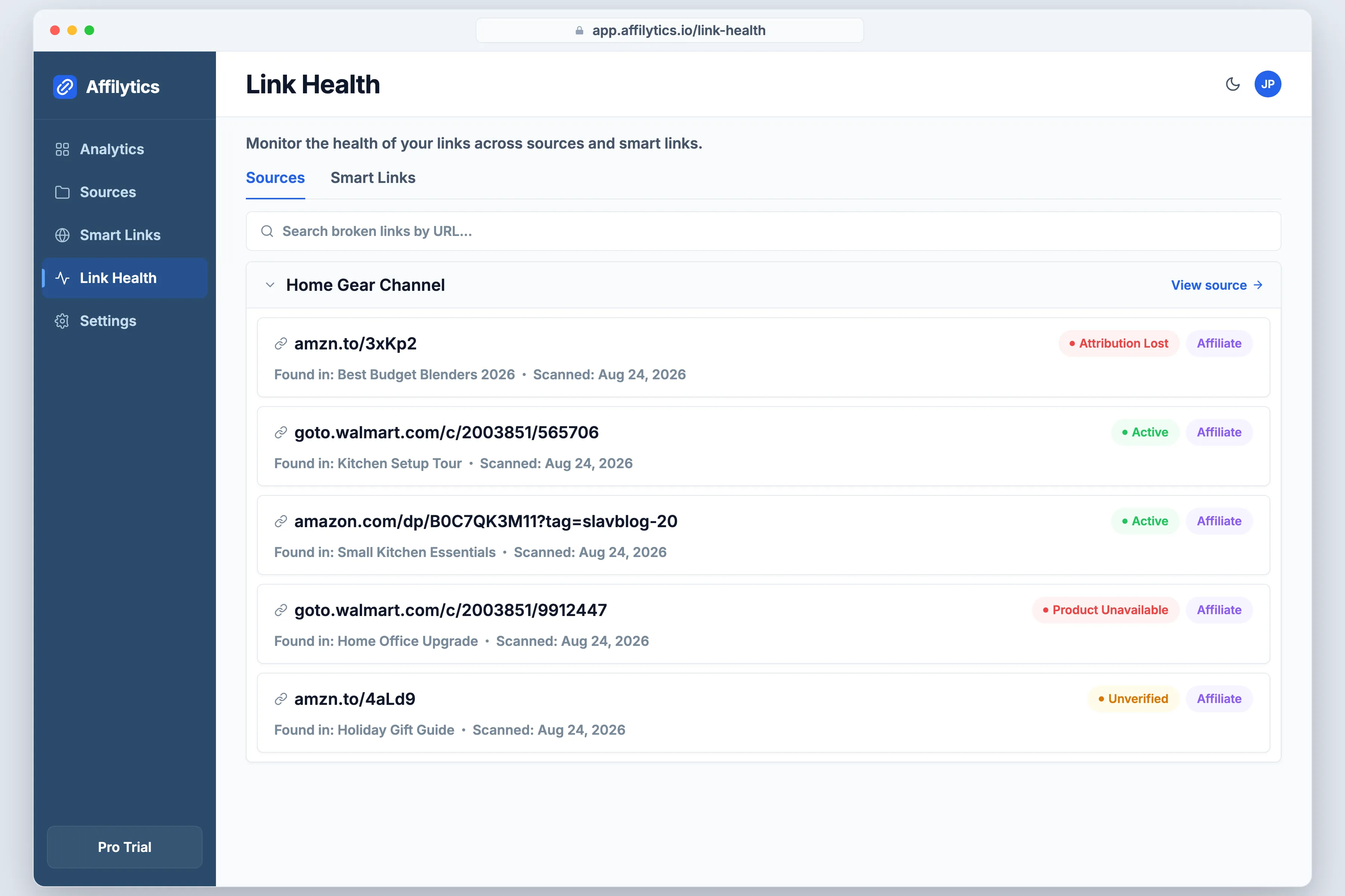 Affilytics link health list showing Amazon and Walmart Impact links together with their statuses