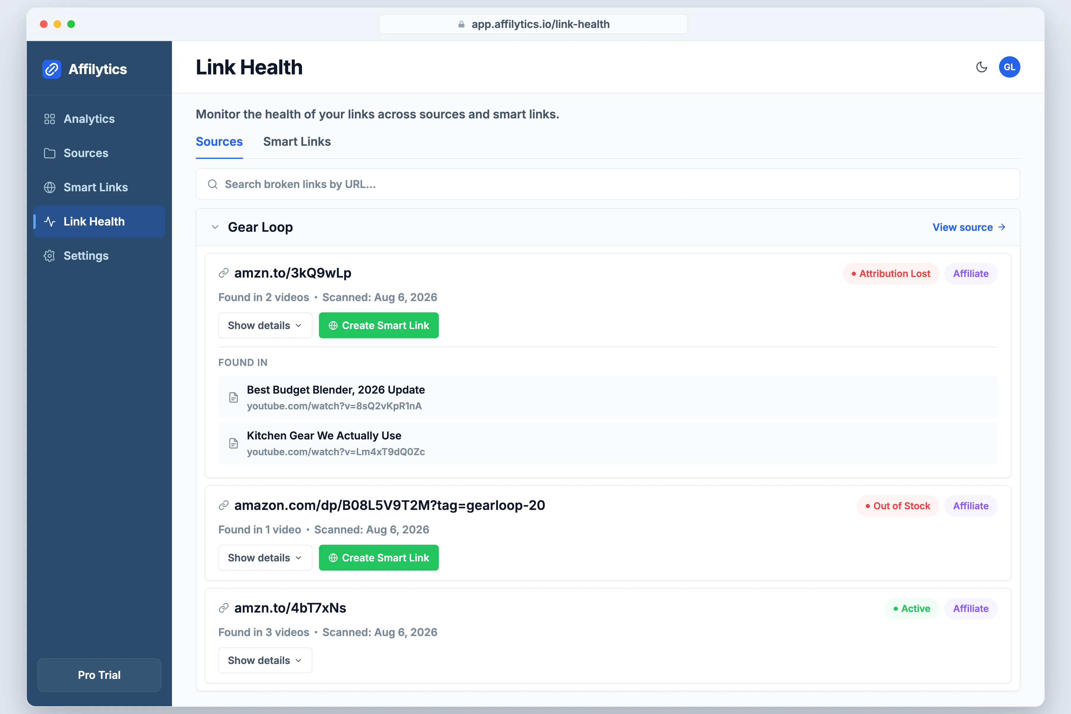 The Affilytics Link Health page listing a channel's affiliate links with attribution lost, out of stock, and active status chips and where each was found.