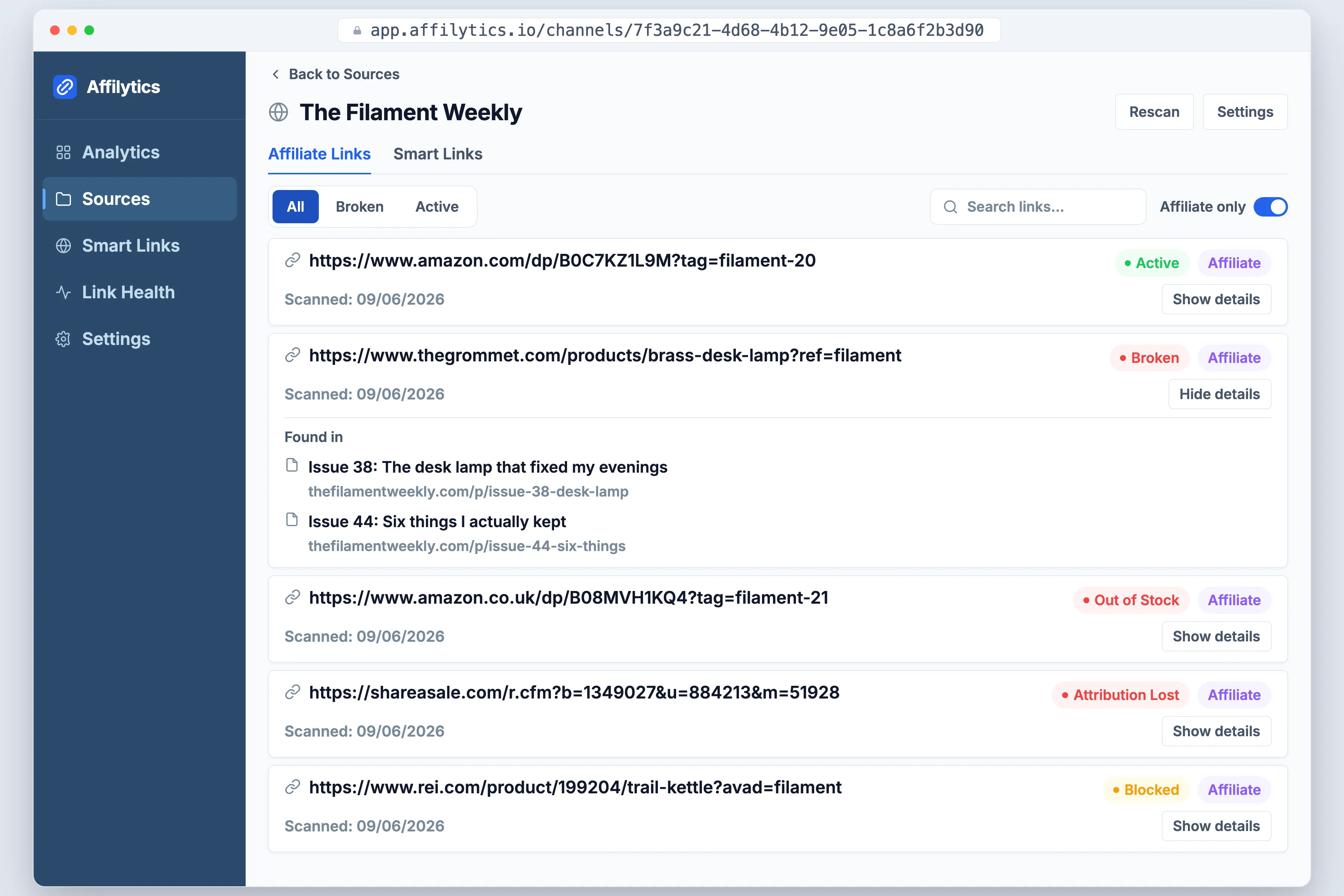 Affilytics source screen listing newsletter archive links badged Active, Broken, Out of Stock, Attribution Lost and Blocked.