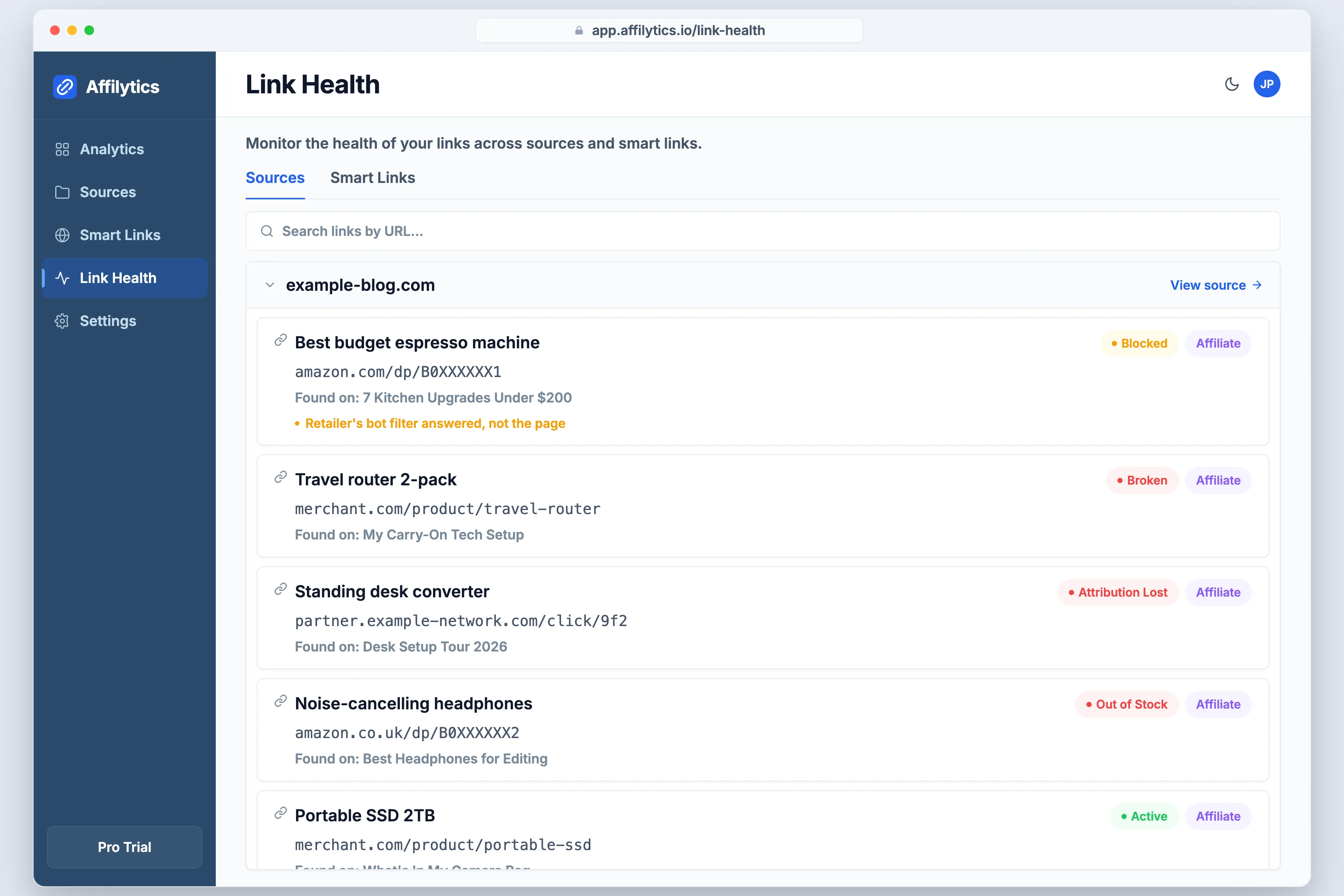Affilytics Link Health screen showing a blocked link listed separately from a broken link
