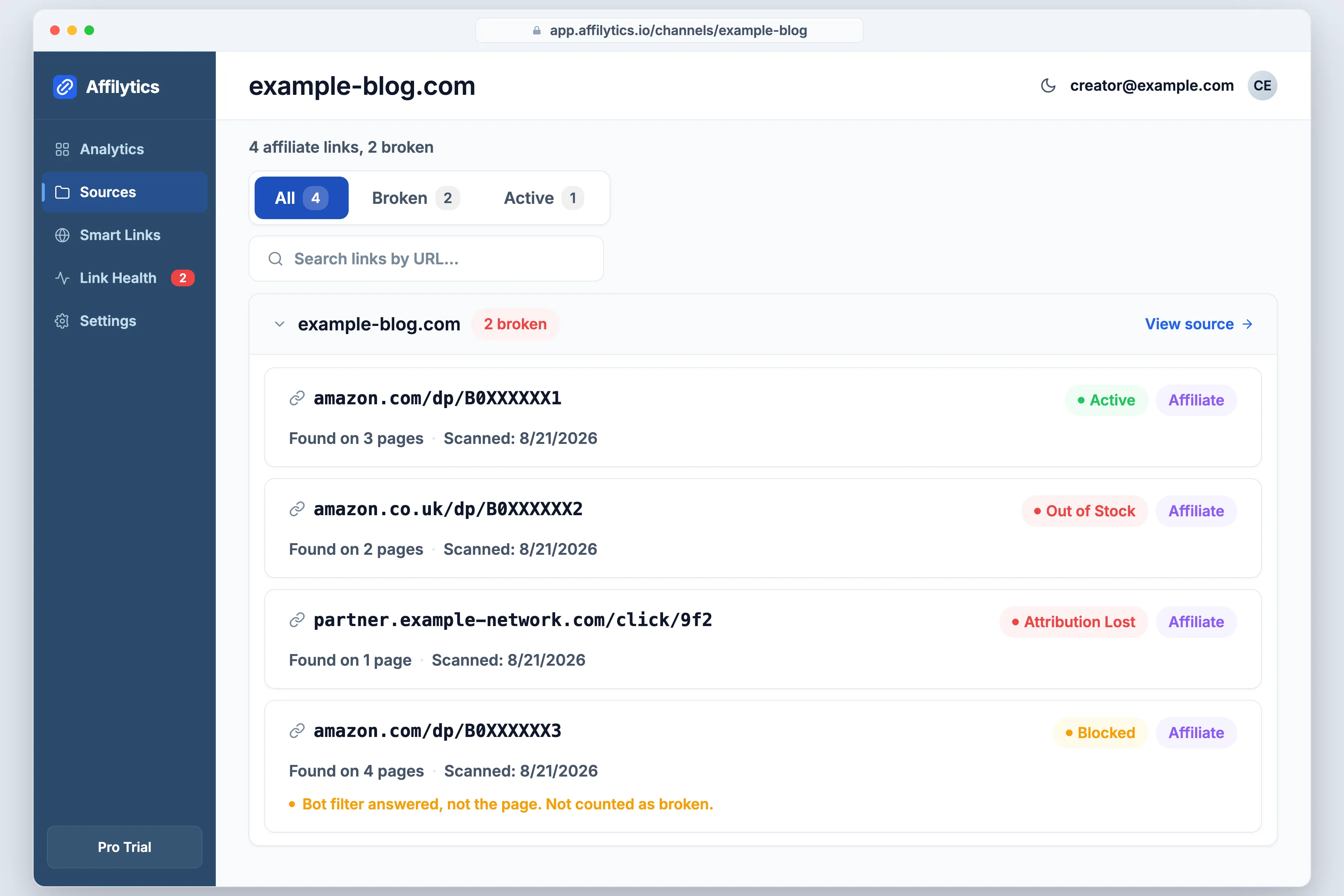 Affilytics link health list showing active, out of stock, attribution lost and blocked as four separate states