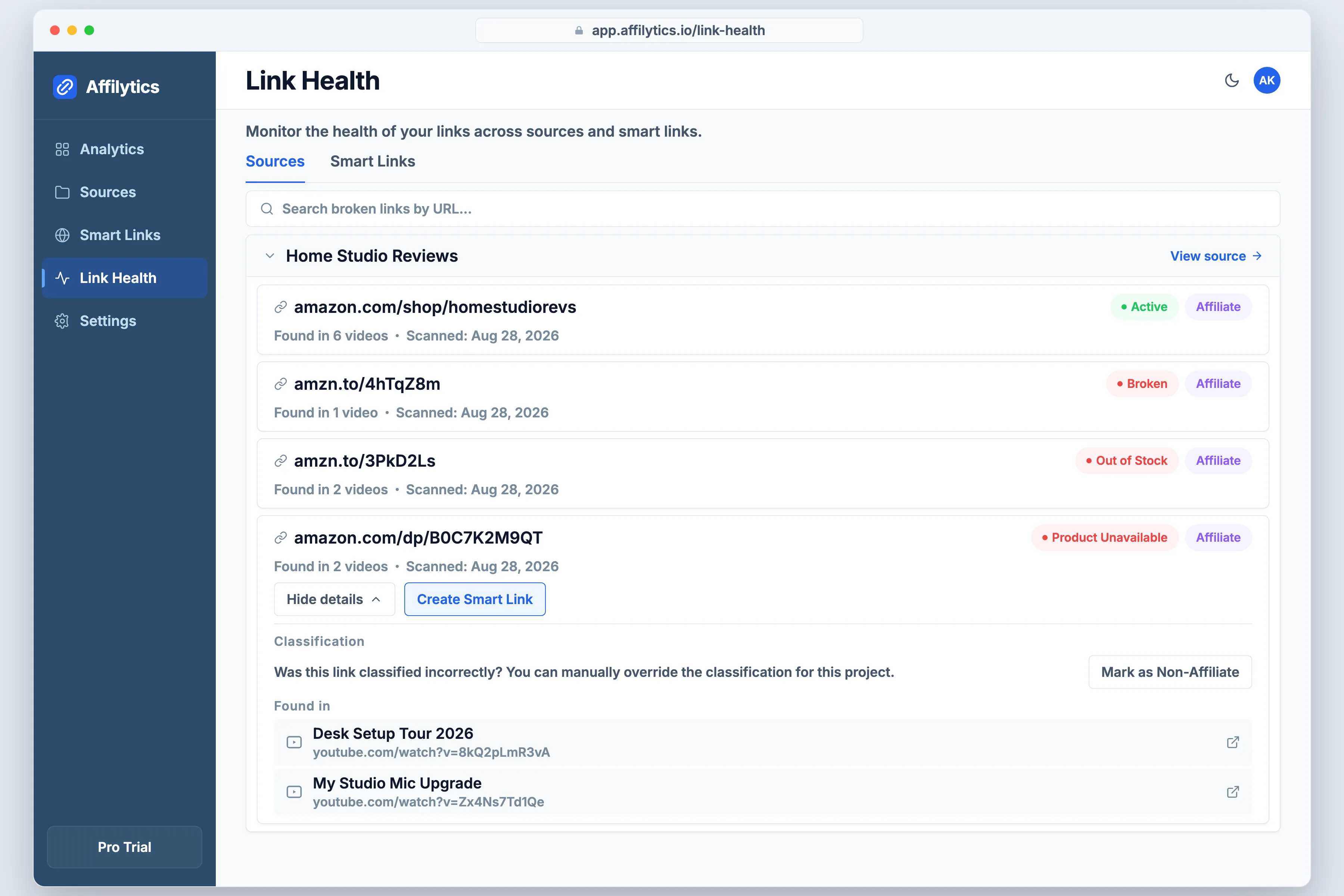 Affilytics link health list showing Amazon links from one channel, each with its own state and where it was found