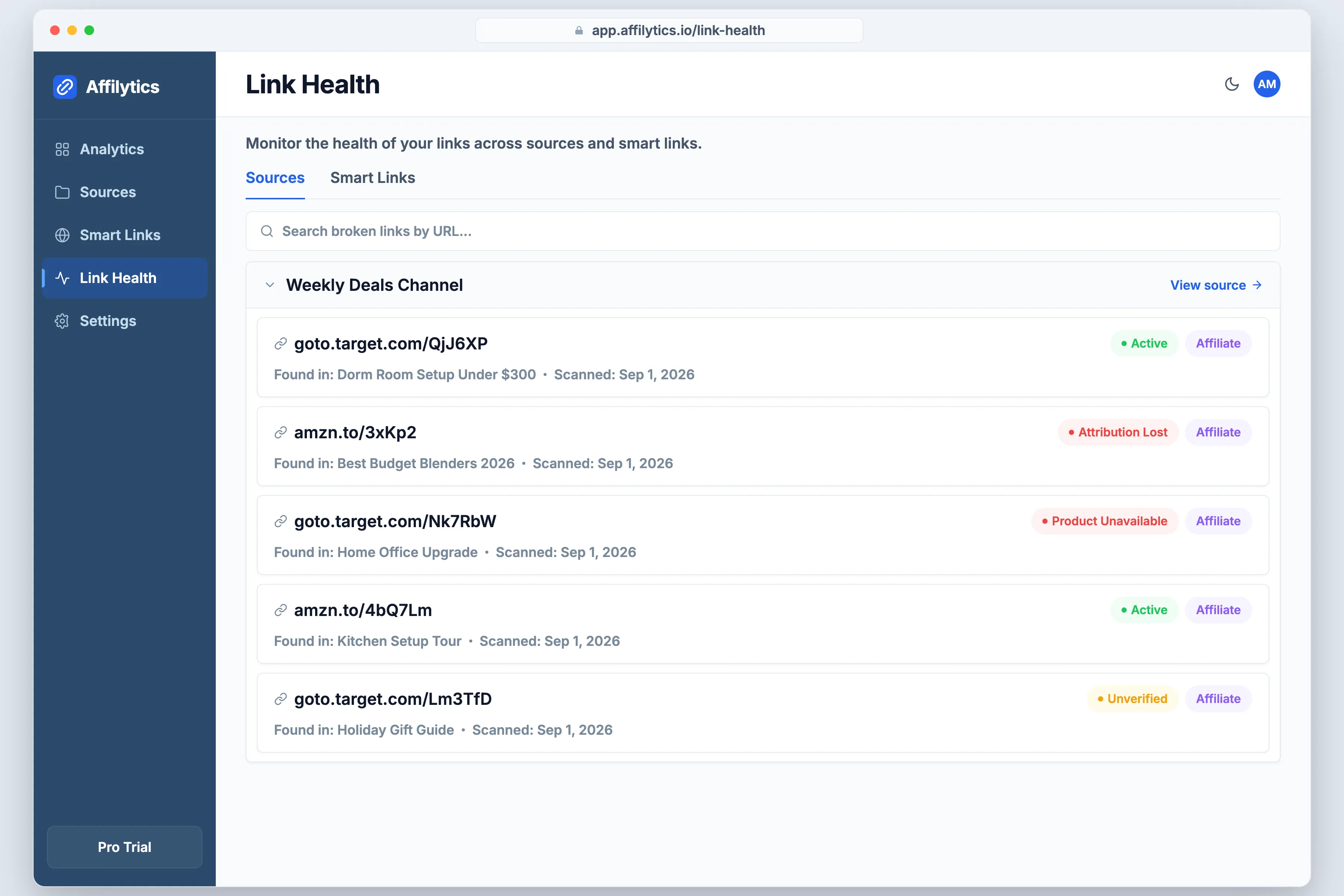 Affilytics Link Health list showing Target Impact links and Amazon links together with status chips