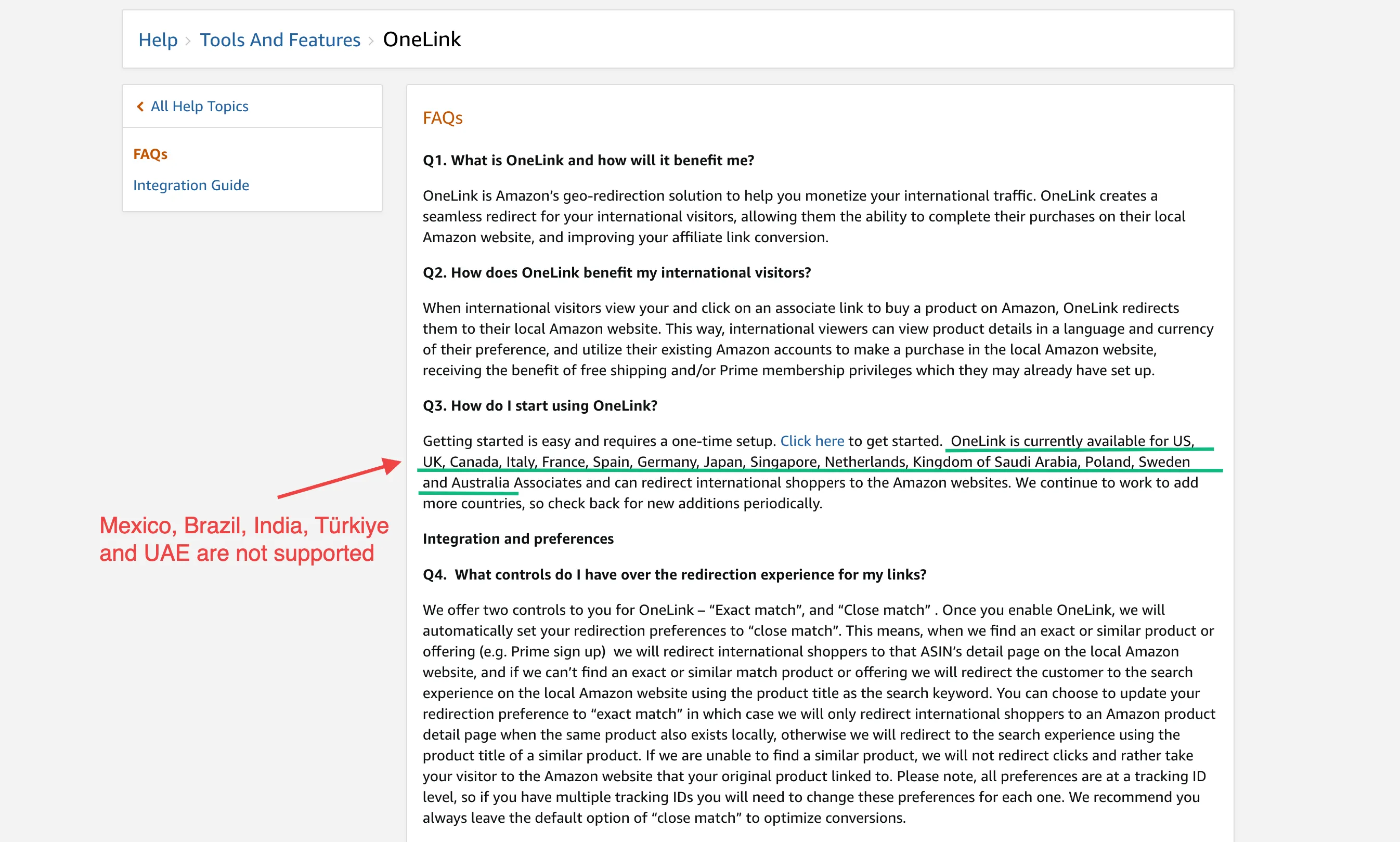Annotated screenshot of OneLink's marketplace configuration page in Associates Central.