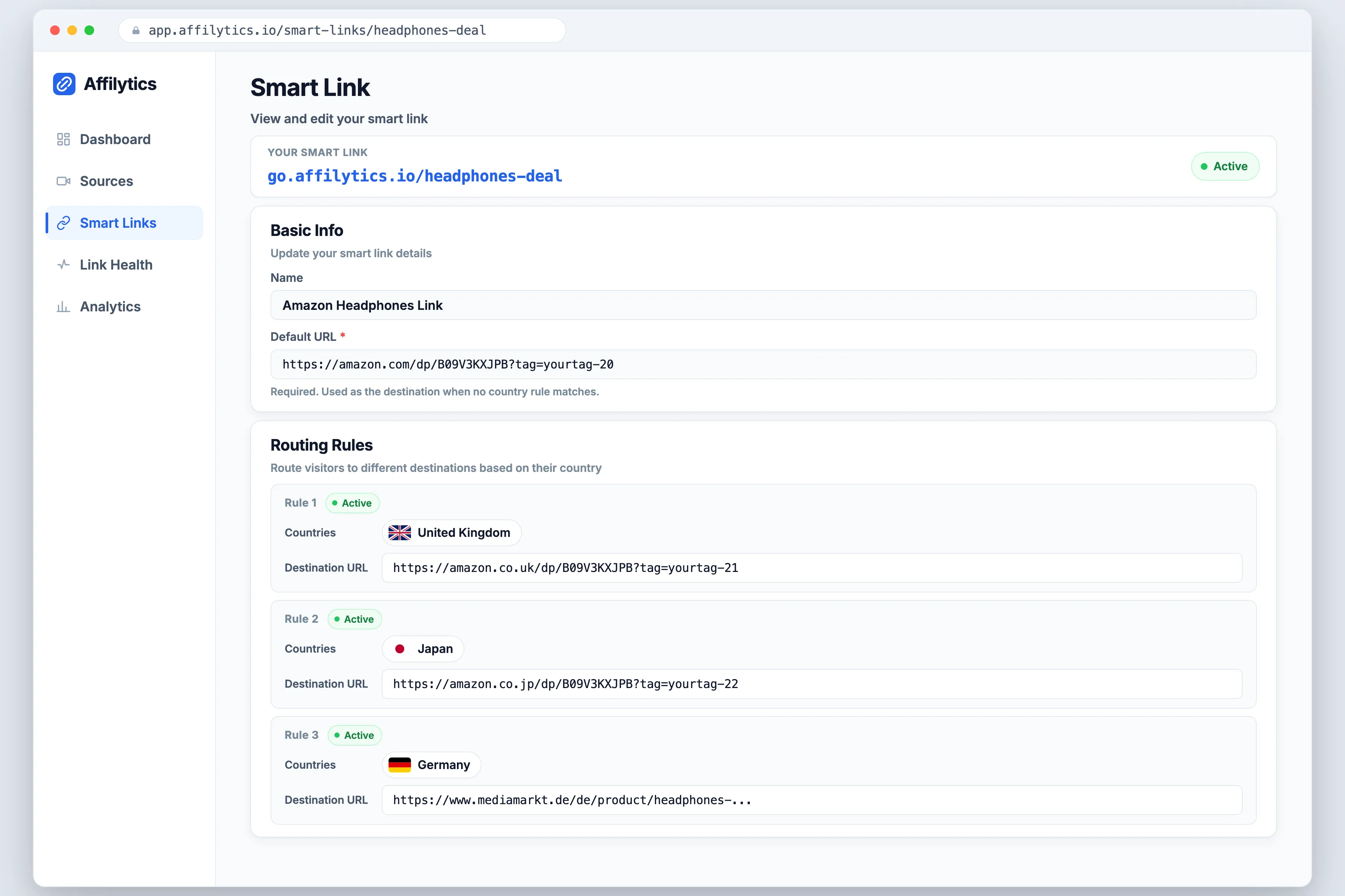Affilytics smart link with per-country routing rules sending UK, Japan and Germany clicks to three different destination URLs