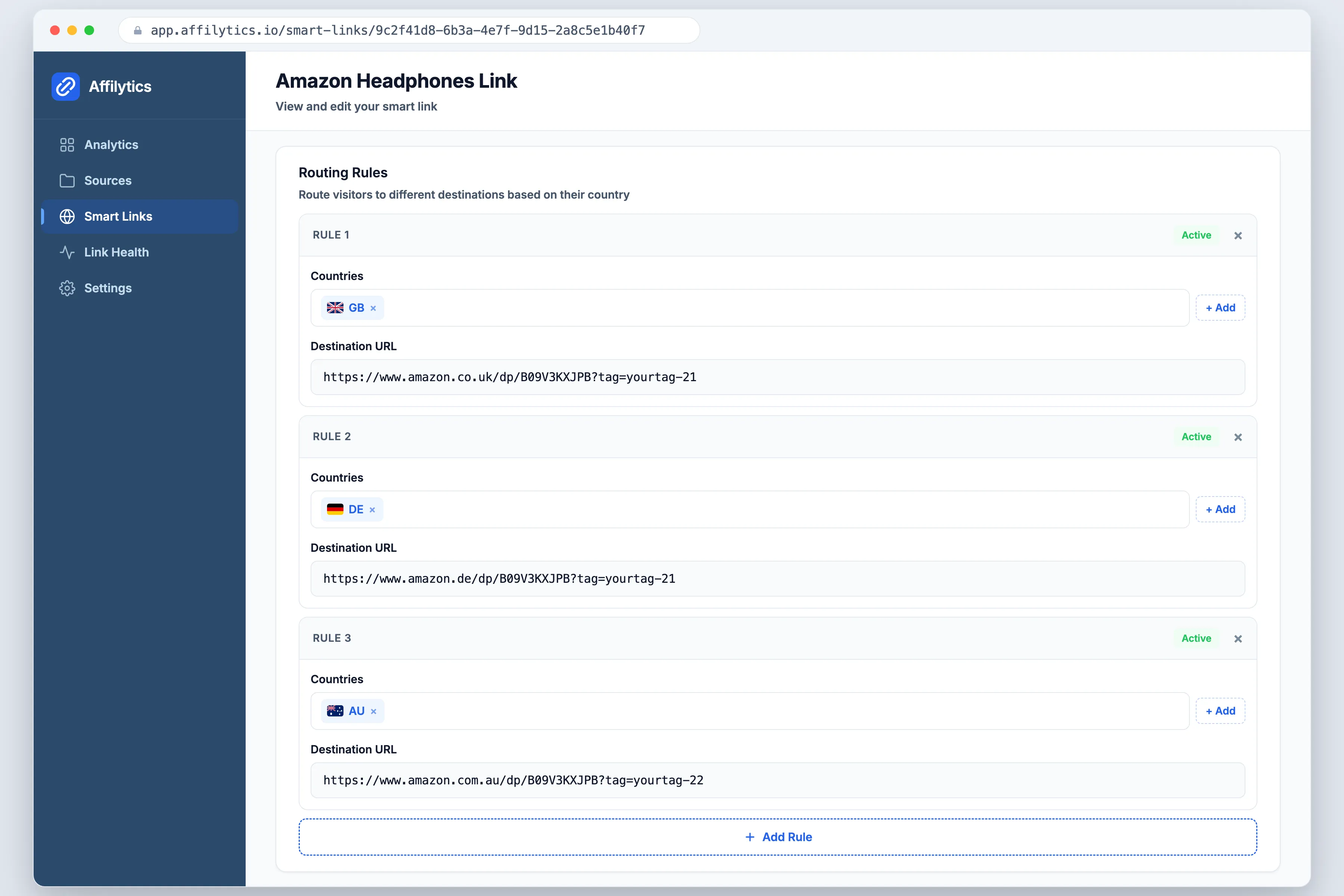 Affilytics routing rules sending UK, German and Australian clicks to their own Amazon storefronts
