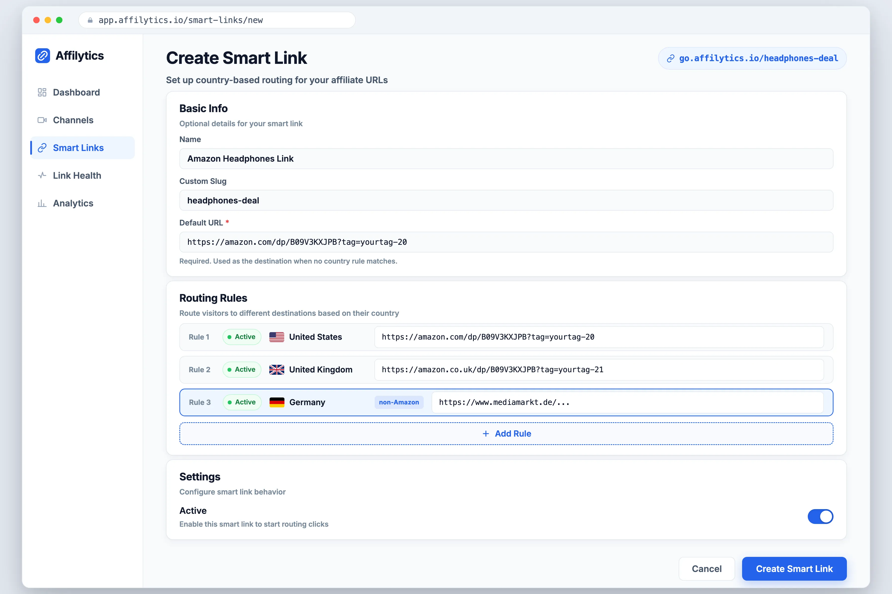 Affilytics smart-link editor with country routing rules mapping US, UK, and a non-Amazon merchant to different destination URLs.