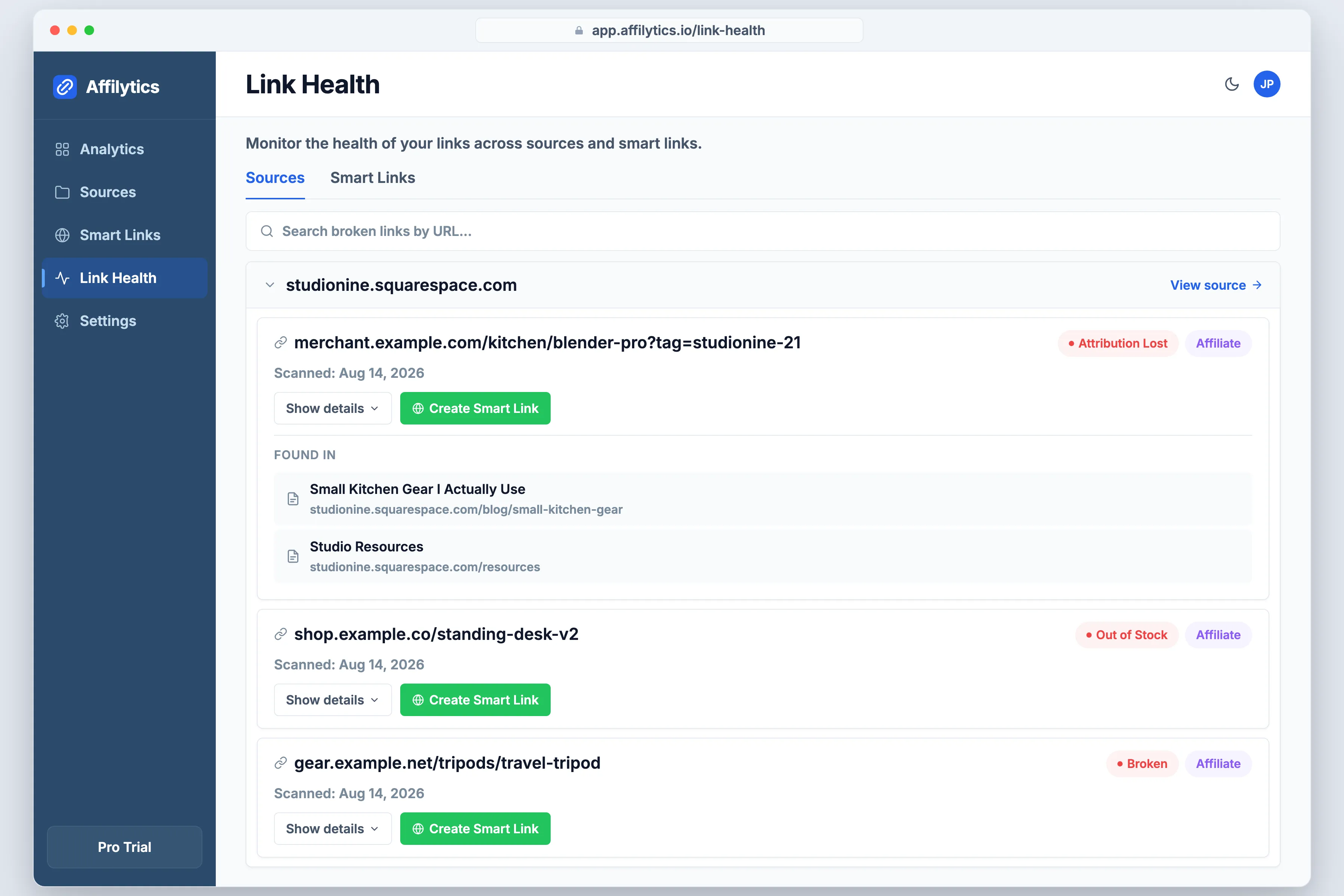The Affilytics Link Health page listing broken affiliate links found on a Squarespace site and the pages they sit on.