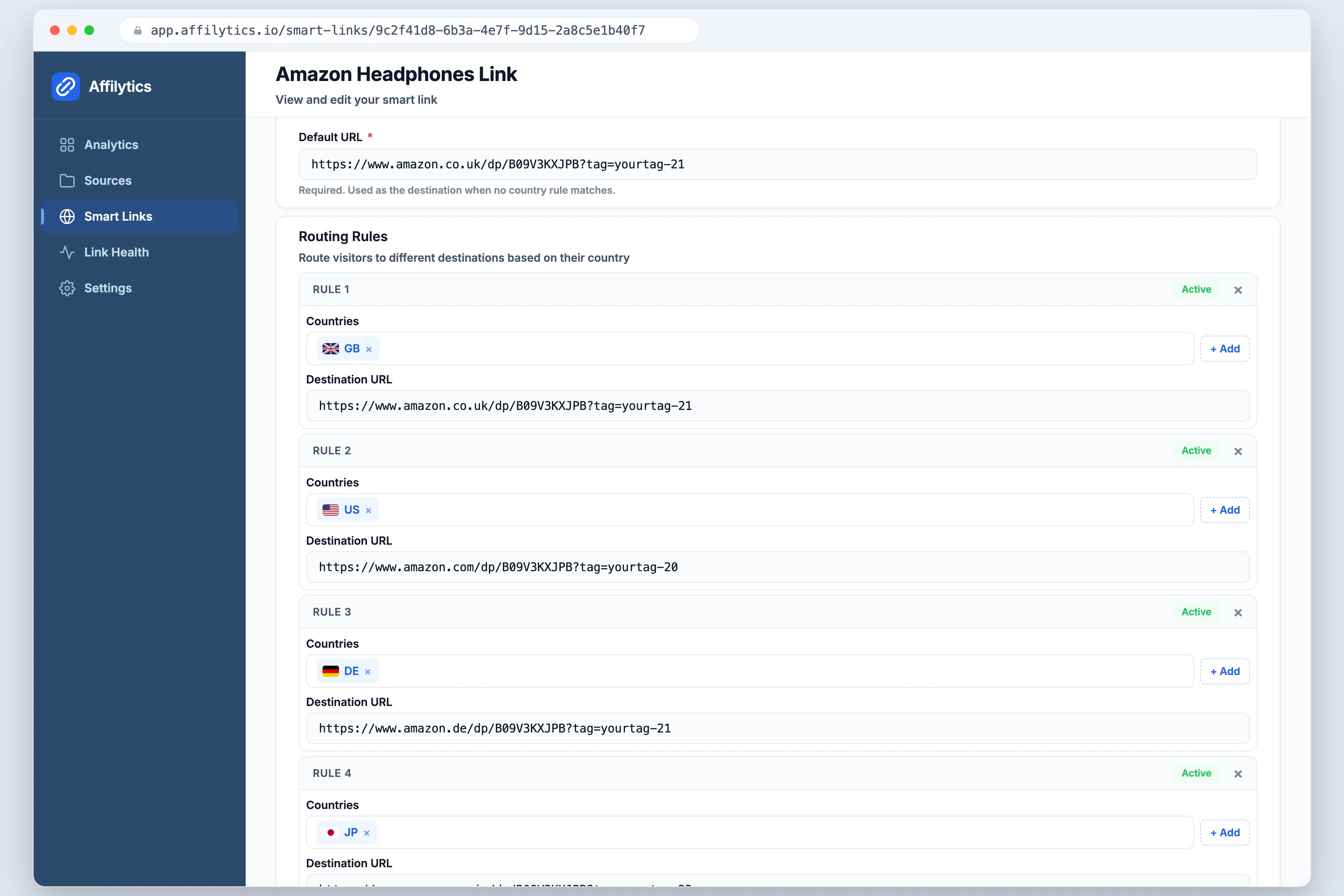 Affilytics smart link routing GB, US, DE and JP clicks to four Amazon storefronts, with a default destination