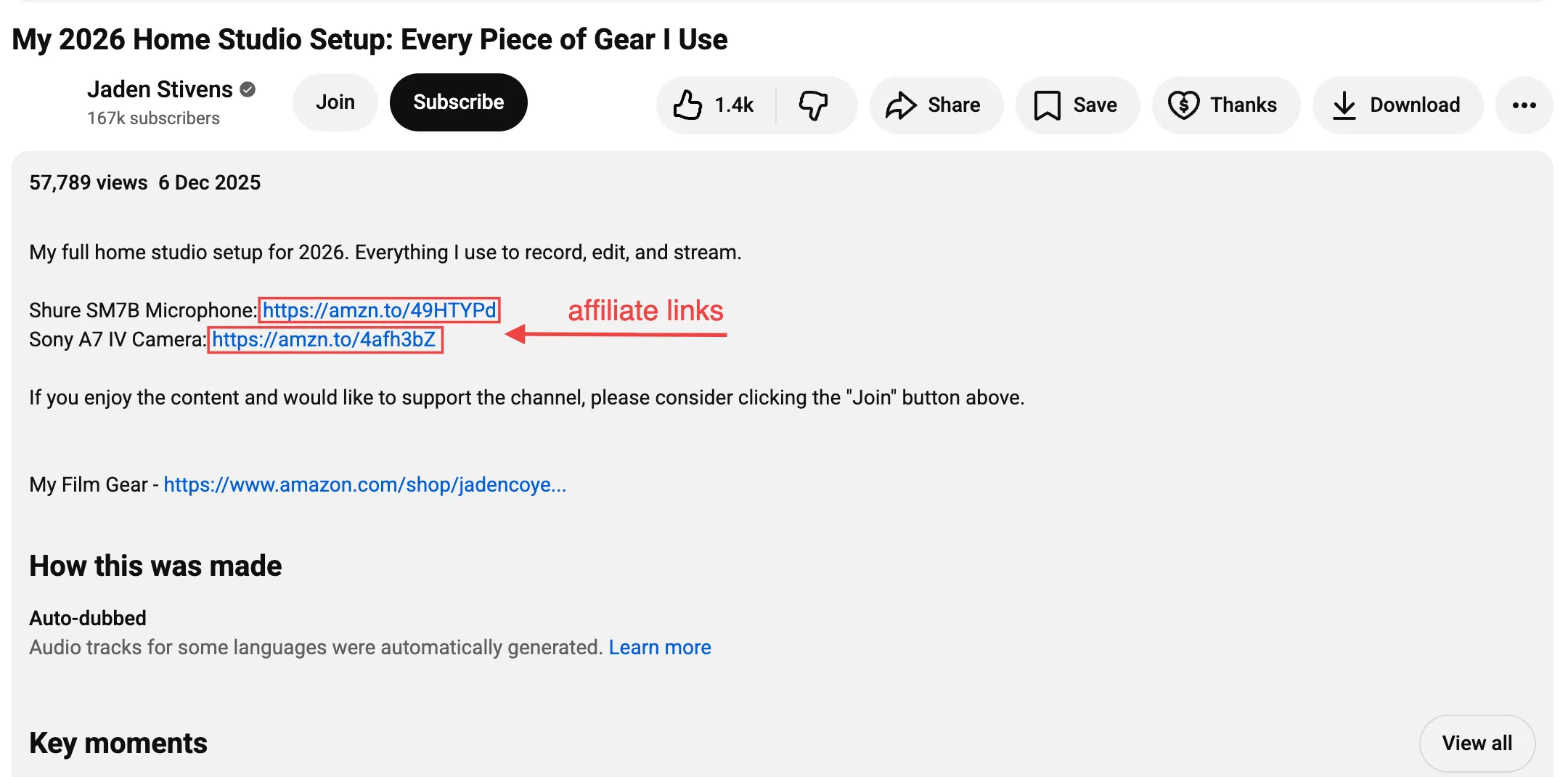 Annotated screenshot of a real YouTube video description.